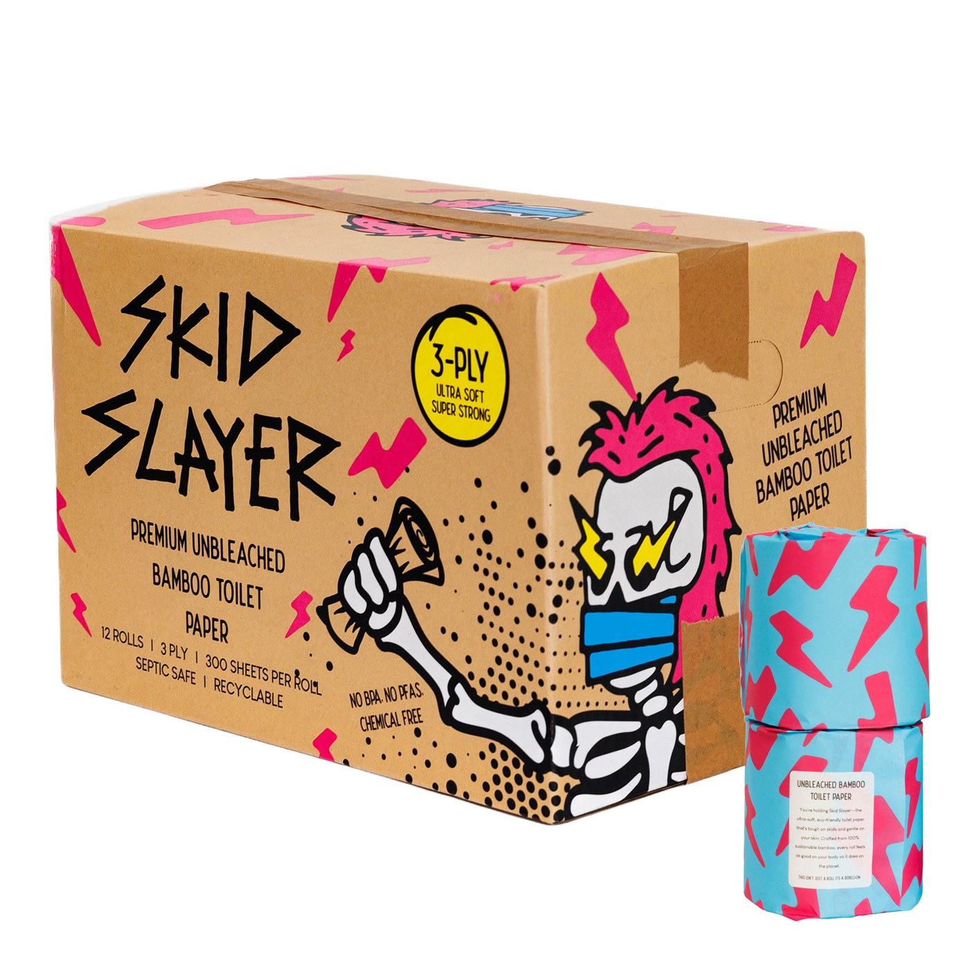 Skid Slayer unbleached bamboo toilet paper box and roll packaging